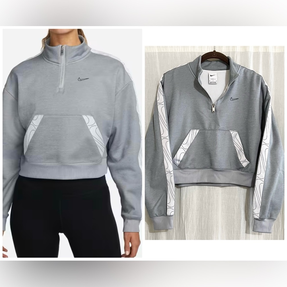 Nike Therma-FIT taping cropped Quarter-Zip Pullover sweatshirt in grey Weekend